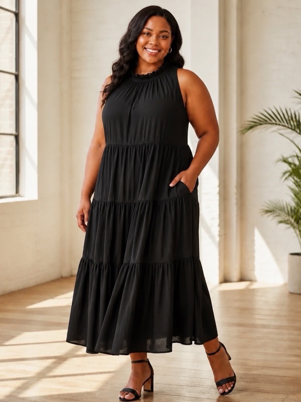 Pinch Black Tiered Sleeveless Mock Neck Midi Dress Size Large